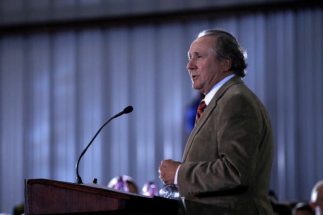 <p>Michael Reagan, the son of former President Ronald Reagan, introduces Republican presidential candidate, former House Speaker Newt Gingrich during a campaign stop in 2012</p>
