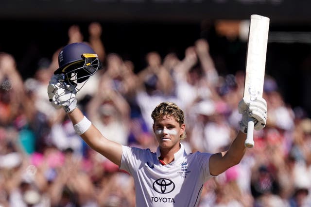 Jacob Bethell celebrates his century (Robbie Stephenson/PA)