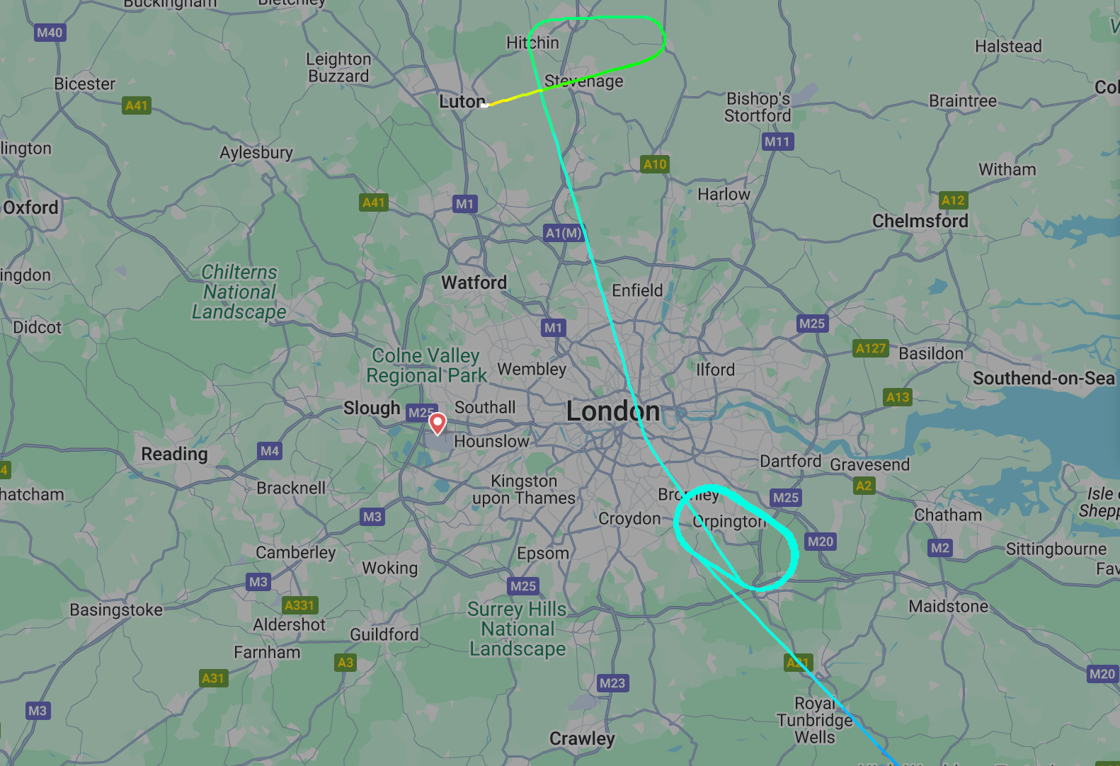 <p>Circle game: Path of Iberia IB569, which diverted from Paris twice – first to London Heathrow, then to Luton airport</p>