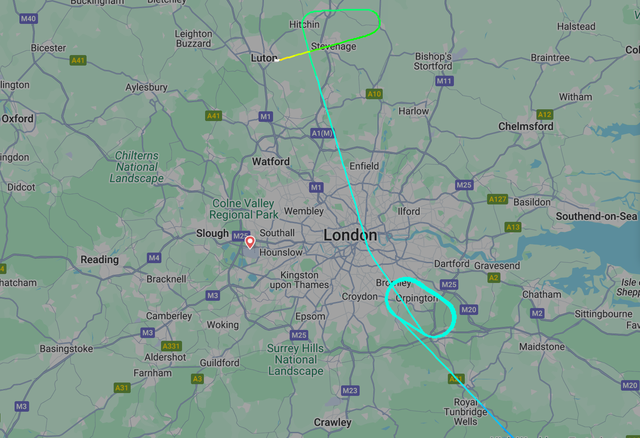 <p>Circle game: Path of Iberia IB569, which diverted from Paris twice – first to London Heathrow, then to Luton airport</p>