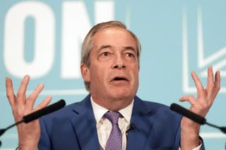 Reform UK leader Nigel Farage during a press conference at Glazier's Hall Southwark, south London