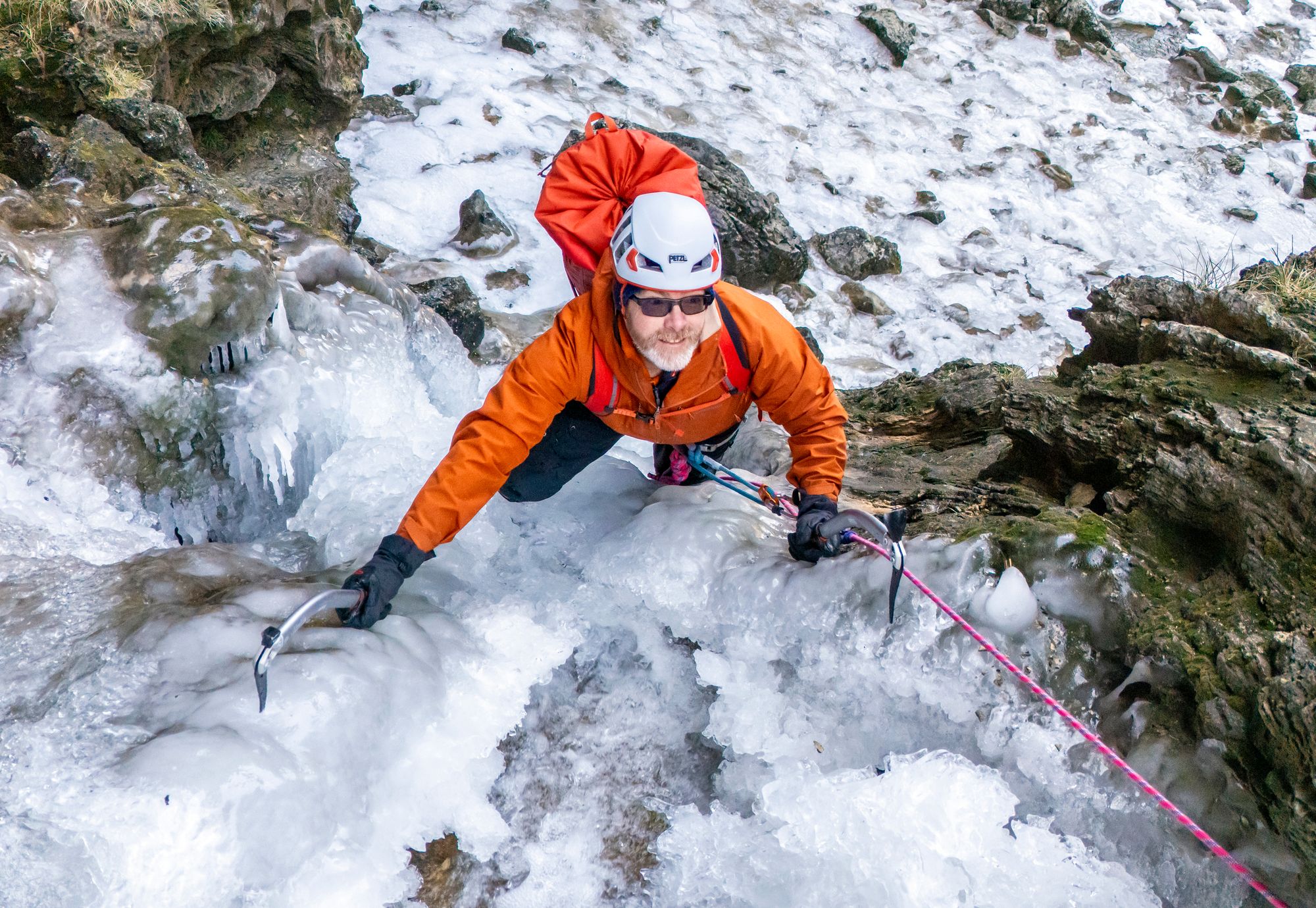 Lost Earth Adventures instructor Mick Ellerton, climbs a frozen waterfall in Gordale Scar near Malham Cove in the Yorkshire Dales National Park, as ice warnings are in place across the UK ahead of a storm which is set to bring heavy snow later in the week