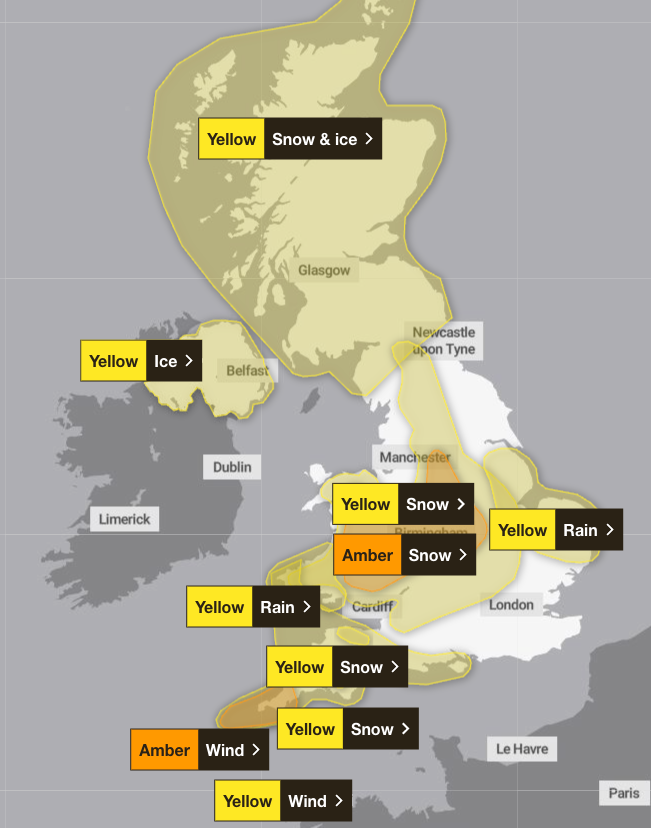 Nine weather warnings are in place across the UK on Thursday