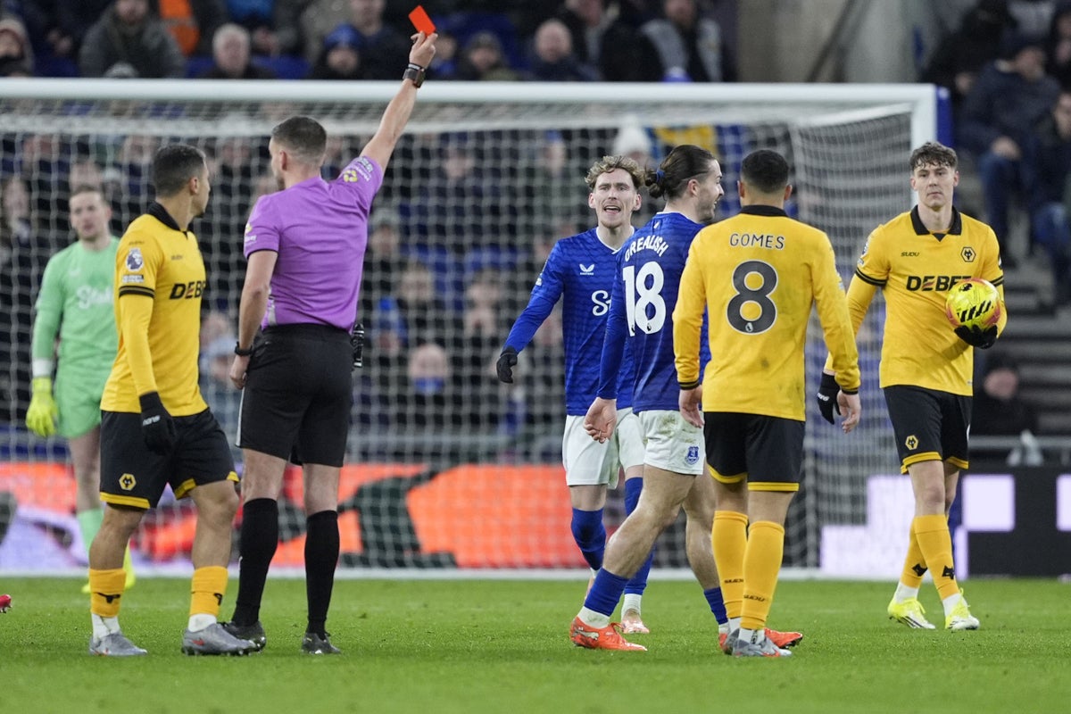 Michael Keane and Jack Grealish sent off as Everton are held by Wolves