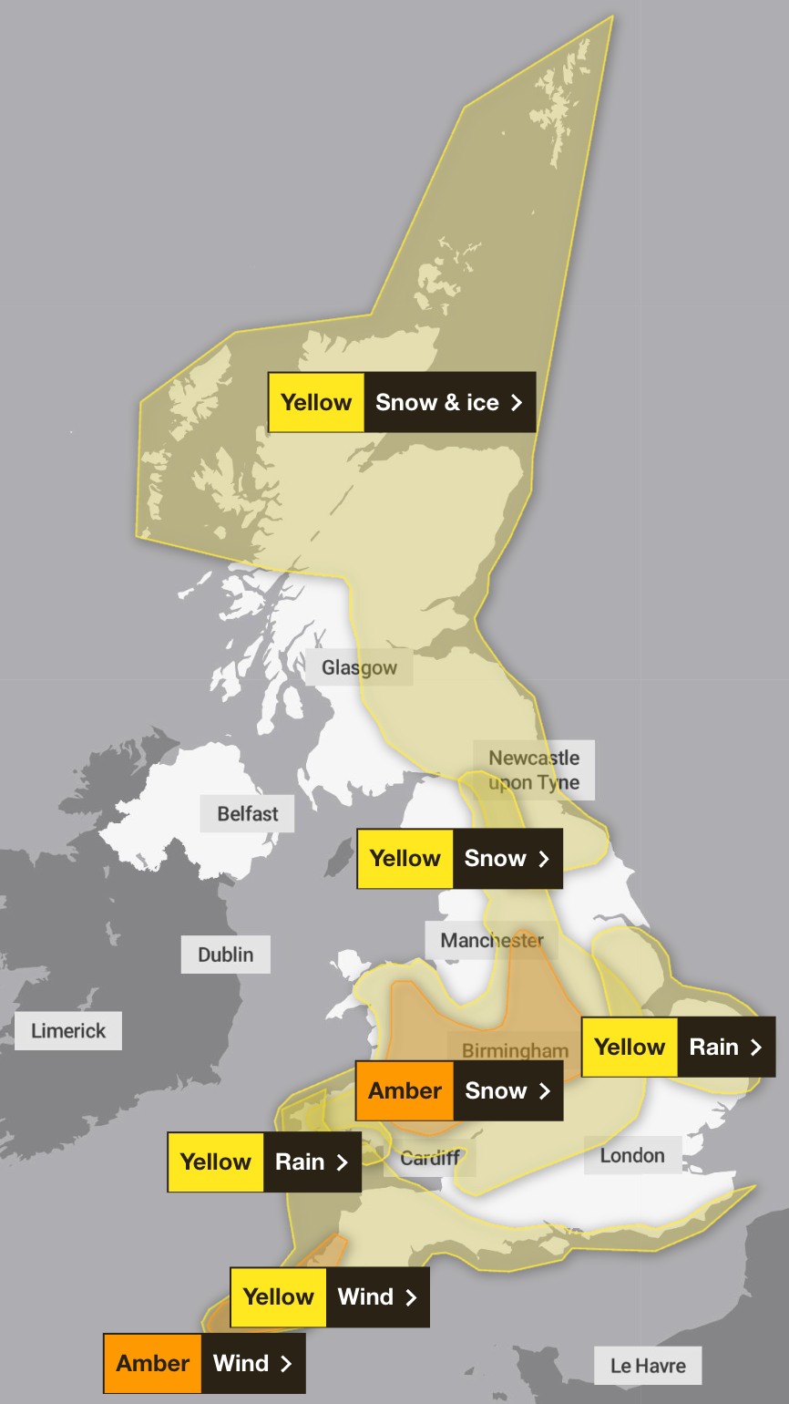 Seven weather warnings are in place across the UK on Thursday 8 January