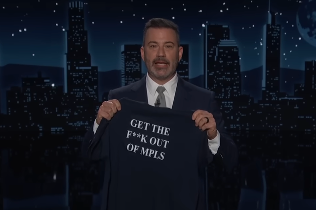 <p>Jimmy Kimmel held up a ‘Get the f*** out of MPLS’ T-Shirt following the fatal shooting of Renee Nicole Macklin Good</p>