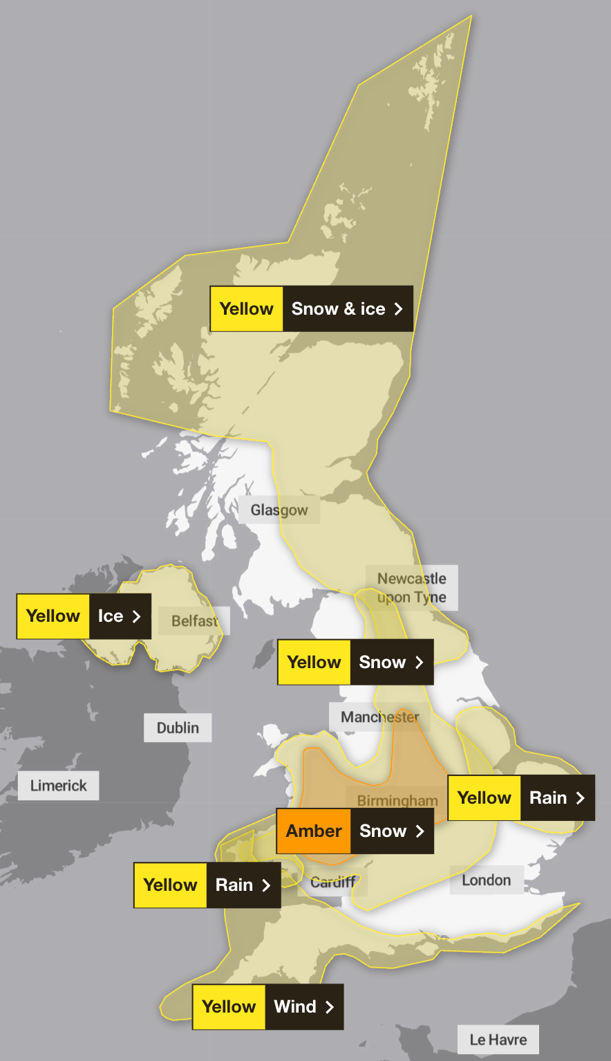 Seven weather warnings are in place across the UK on Friday