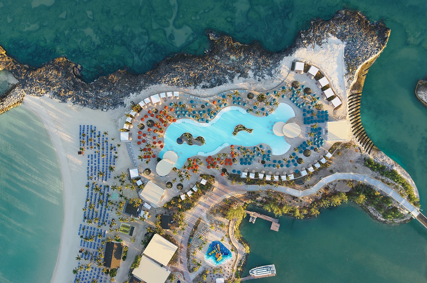 An aerial view of the revamped pool area on Great Stirrup Cay