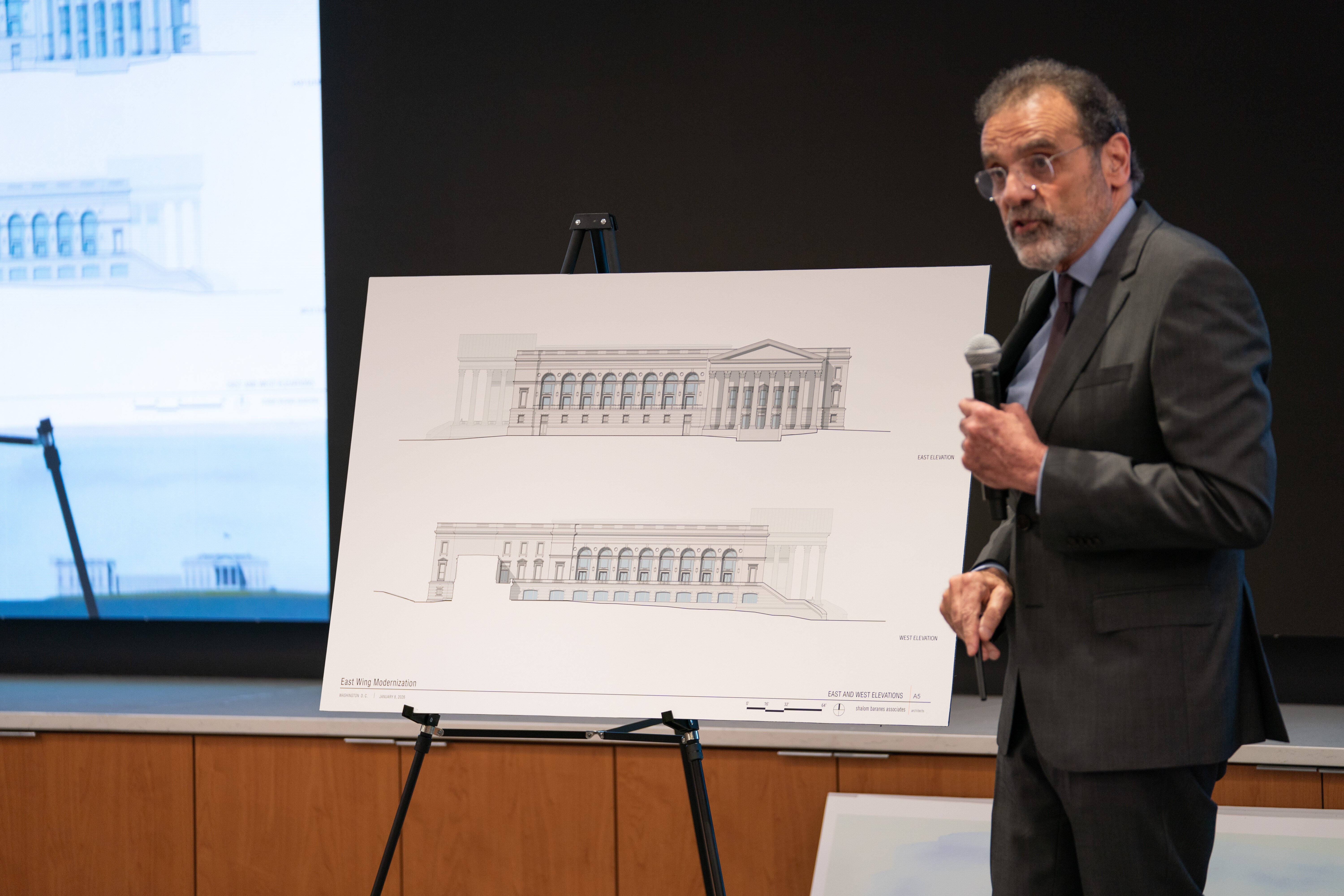 <p>Architect Shalom Baranes points at a rendering on a board during a National Capitol Planning Commission meeting discussing the White House ballroom project, Thursday, Jan. 8</p>