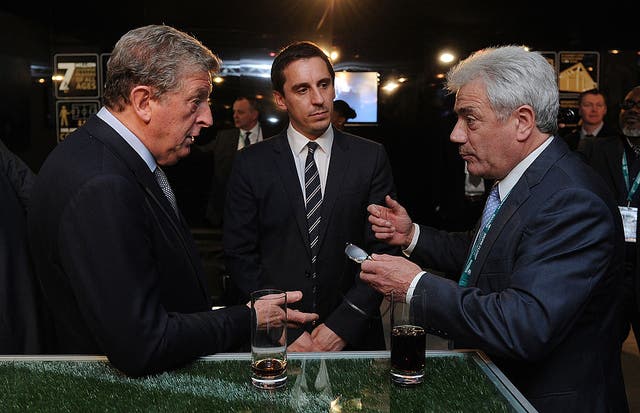 <p>Neville pictured with Keegan and Roy Hodgson in 2013</p>