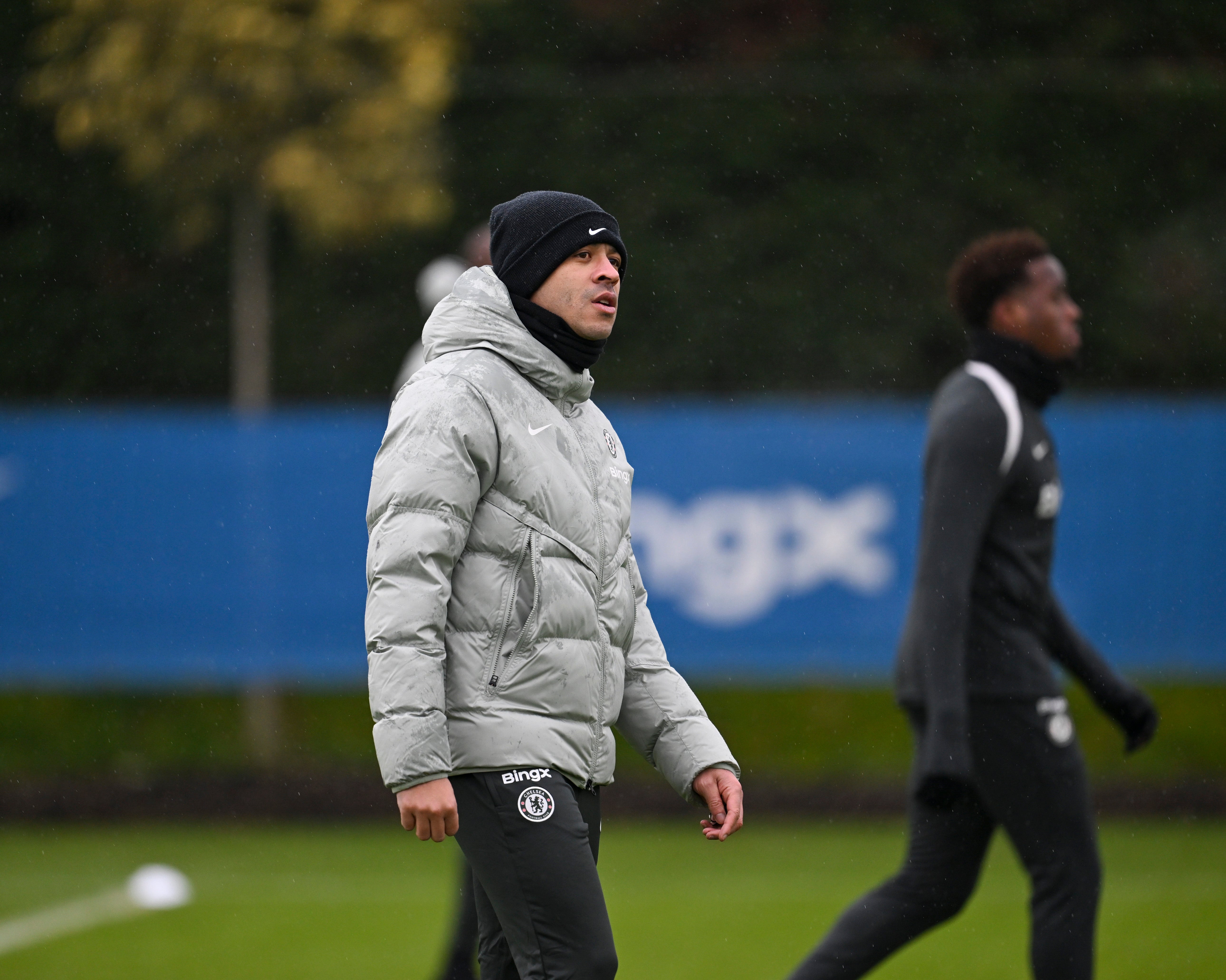 <p>Liam Rosenior on the training pitch at Chelsea's Cobham complex</p>