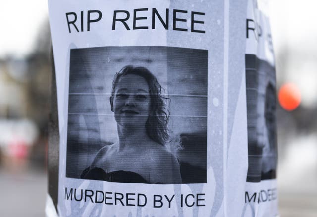 <p>A poster mourning Renee Nicole Good is pasted to a light pole near the scene of her shooting in Minneapolis, Minnesota</p>