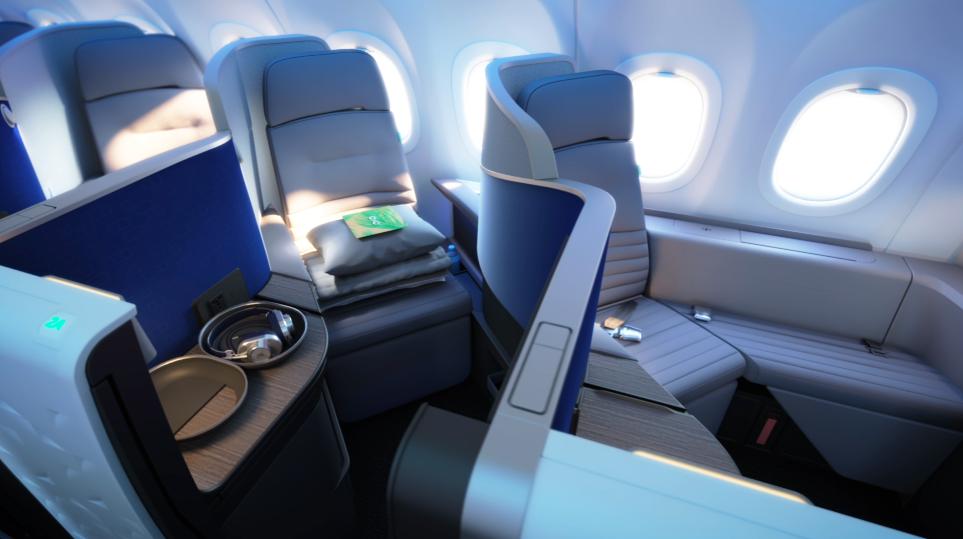 JetBlue Mint is a long-haul business-class experience on a single-aisle aircraft. Pictured here is the classic Mint seat to the left, and to the right, the supersized Mint Studio