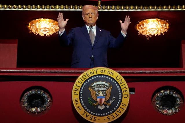 <p>Washington National Opera has announced it is to leave the Kennedy Center after the venue's 'takeover' by President Donald Trump, pictured in the opera house's Presidential Box in March 2025</p>
