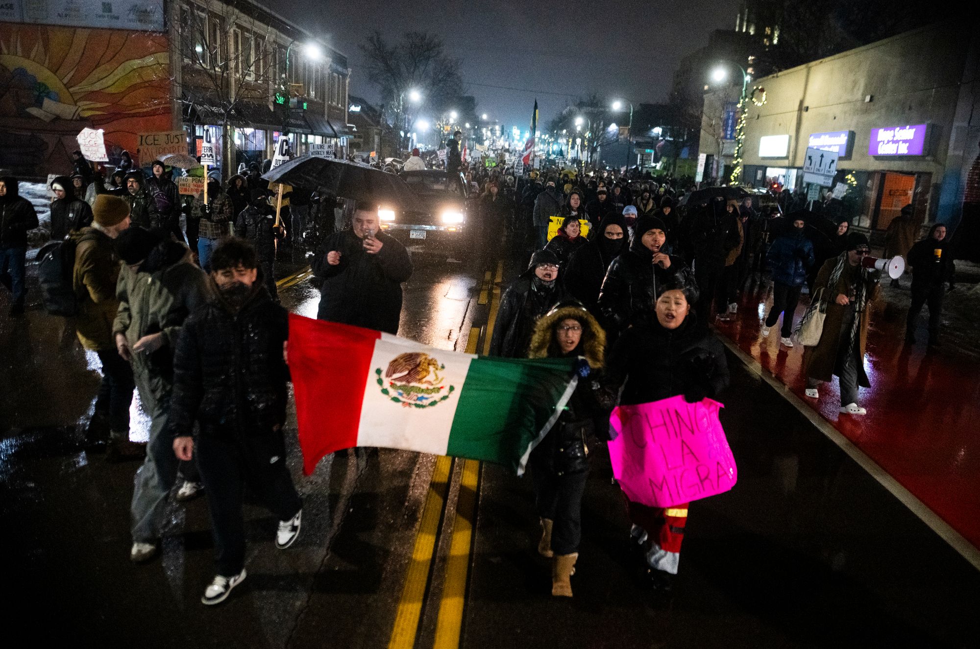 People march during a protest after the killing of Renee Nicole Good on January 08, 2026 in Minneapolis, Minnesota