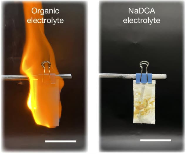 <p>Flammability test of conventional organic electrolyte and new sodium dicyanamide electrolyte</p>