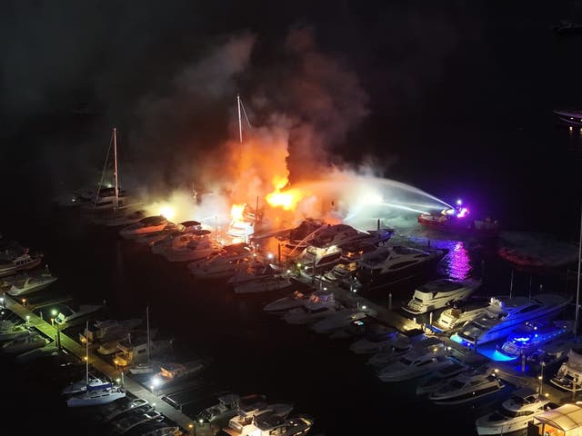 <p>Firefighters battle a blaze at a marina in Mosman on Sydney's north shore</p>