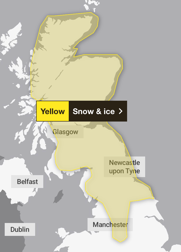 A new yellow warning for ice and snow has been issued for Sunday