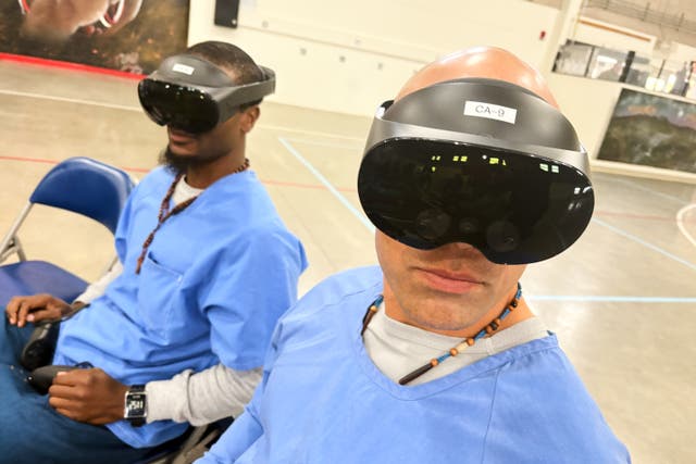 <p>Incarcerated men use virtual reality headsets inside Valley State Prison in Chowchilla, Calif., Dec. 11, 2025. (AP Photo/Haven Daley)</p>