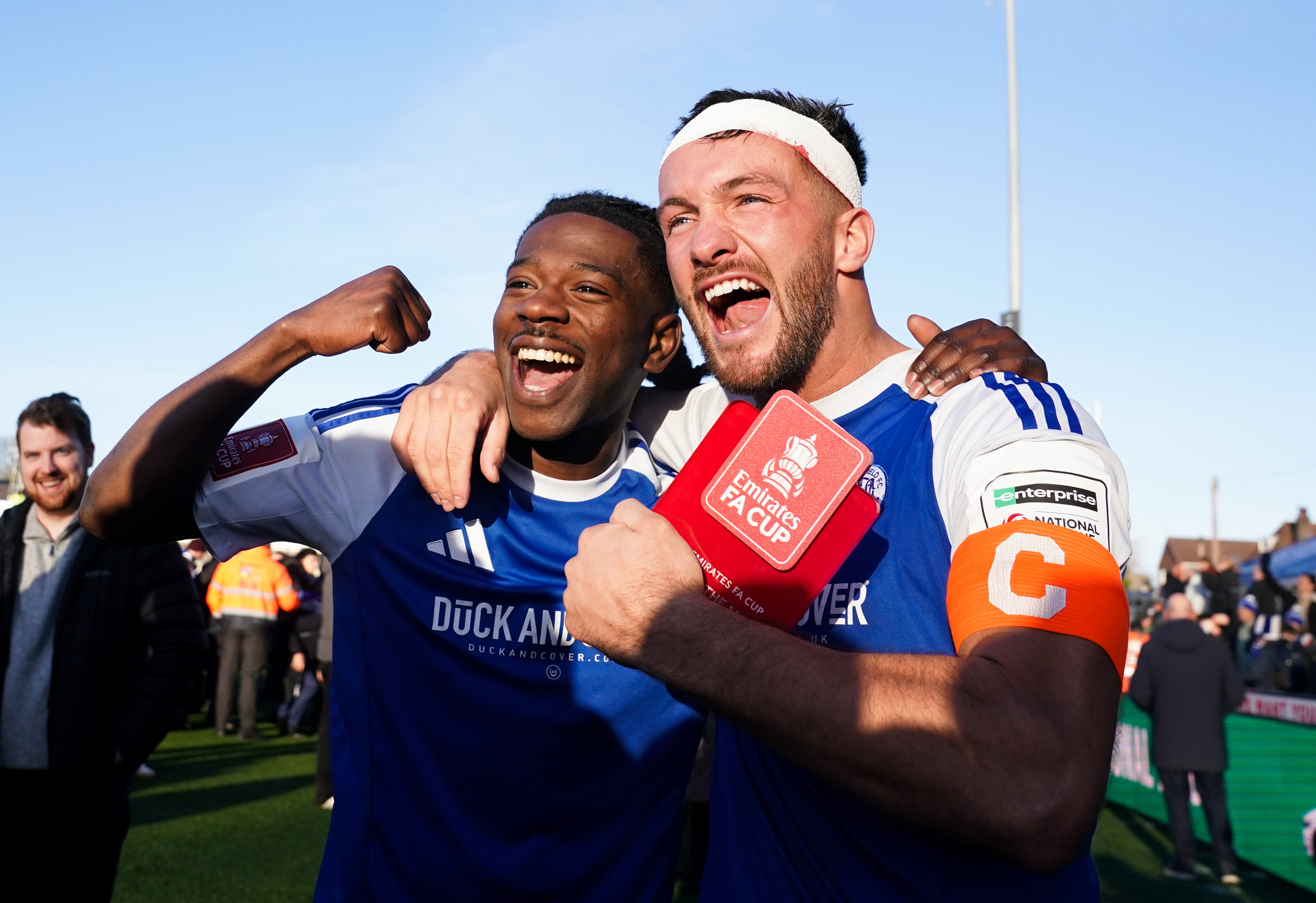 <p>Macclesfield goalscorers Paul Dawson and Isaac Buckley-Ricketts celebrate </p>
