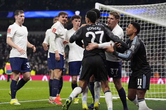 Tottenham and Aston Villa players clash after their FA Cup match (Andrew Matthews/PA)
