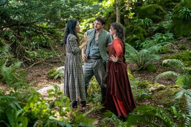 <p>Director Chloé Zhao with actors Paul Mescal and Jessie Buckley on the set of Hamnet</p>