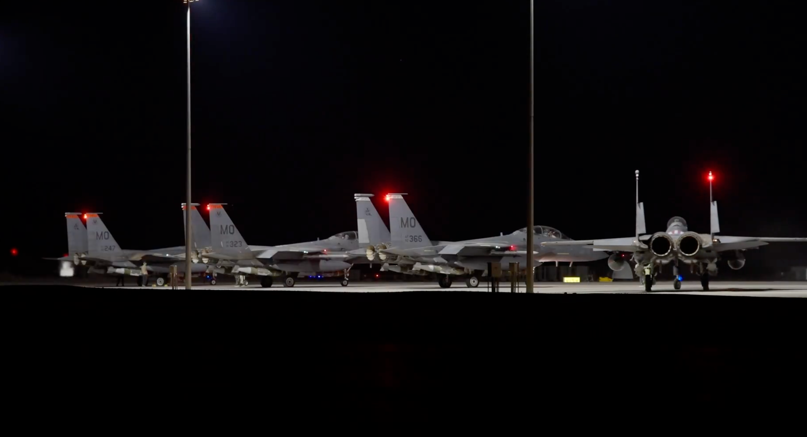 American F-15Es prepare to take off in footage shared by CENTCOM on Saturday