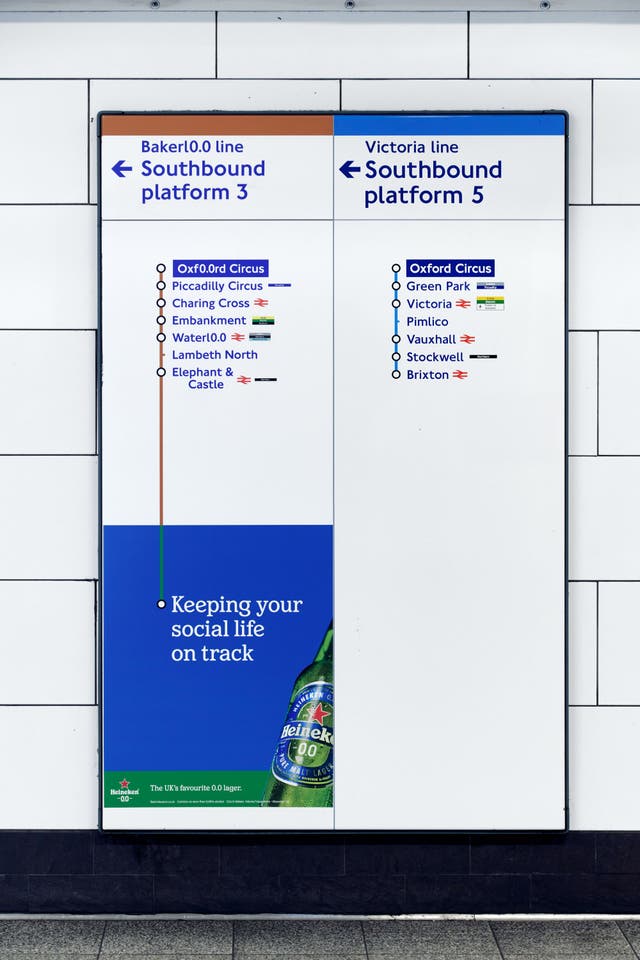 <p>TfL has changed some of its signage on the Bakerloo line as part of a Heineken marketing campaign</p>