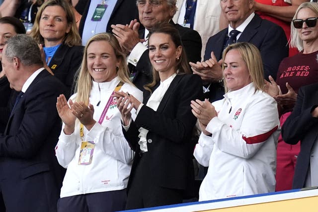 The Princess of Wales in the stands with England’s Marlie Packer (right) and Zoe Aldcroft during the women’s Rugby World Cup (Andrew Matthews/PA)