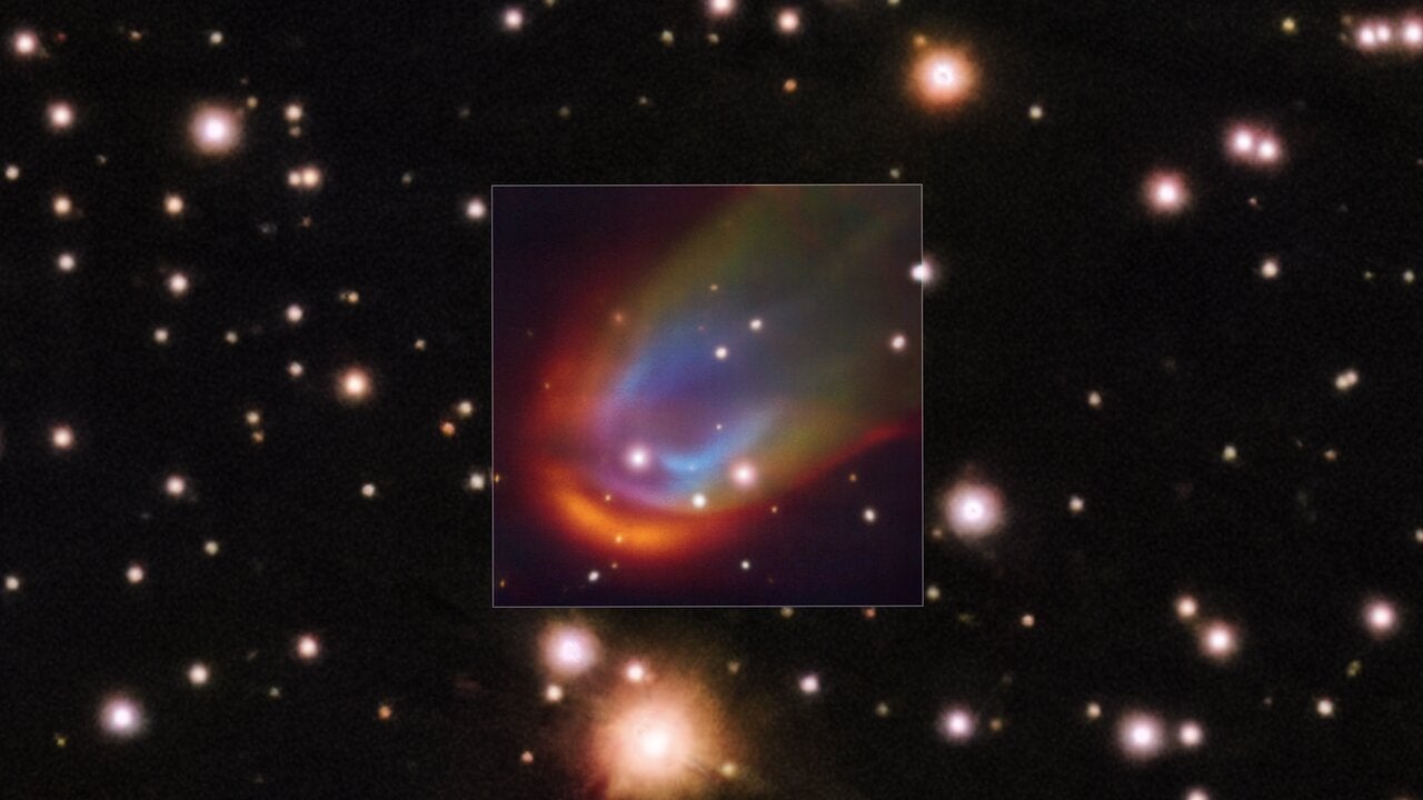 <p>The central square image, taken with the MUSE instrument on ESO’s Very Large Telescope, shows shock waves around the dead star RXJ0528+2838. When a star moves through space it can push away nearby material creating a so-called bow shock, which in this image is glowing in red, green and blue</p>