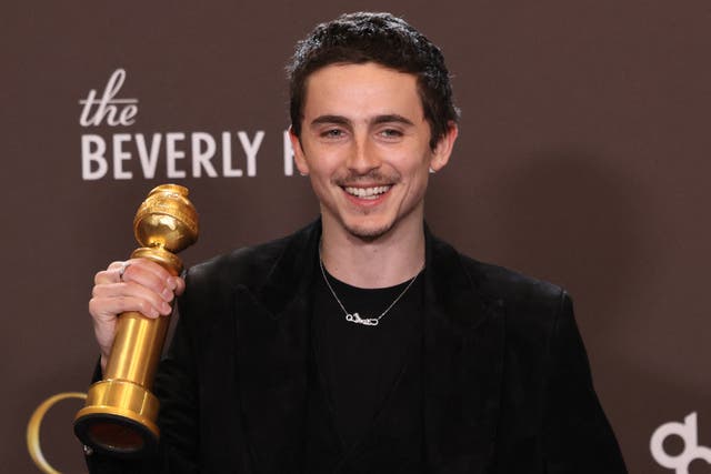 <p>Timothee Chalamet with the Golden Globe for Best Actor in a Motion Picture Musical or Comedy for 'Marty Supreme'</p>