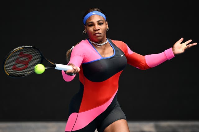 <p>Serena Williams of the United States plays a forehand in her Women's Singles fourth round match against Aryna Sabalenka of Belarus during day seven of the 2021 Australian Open.</p>