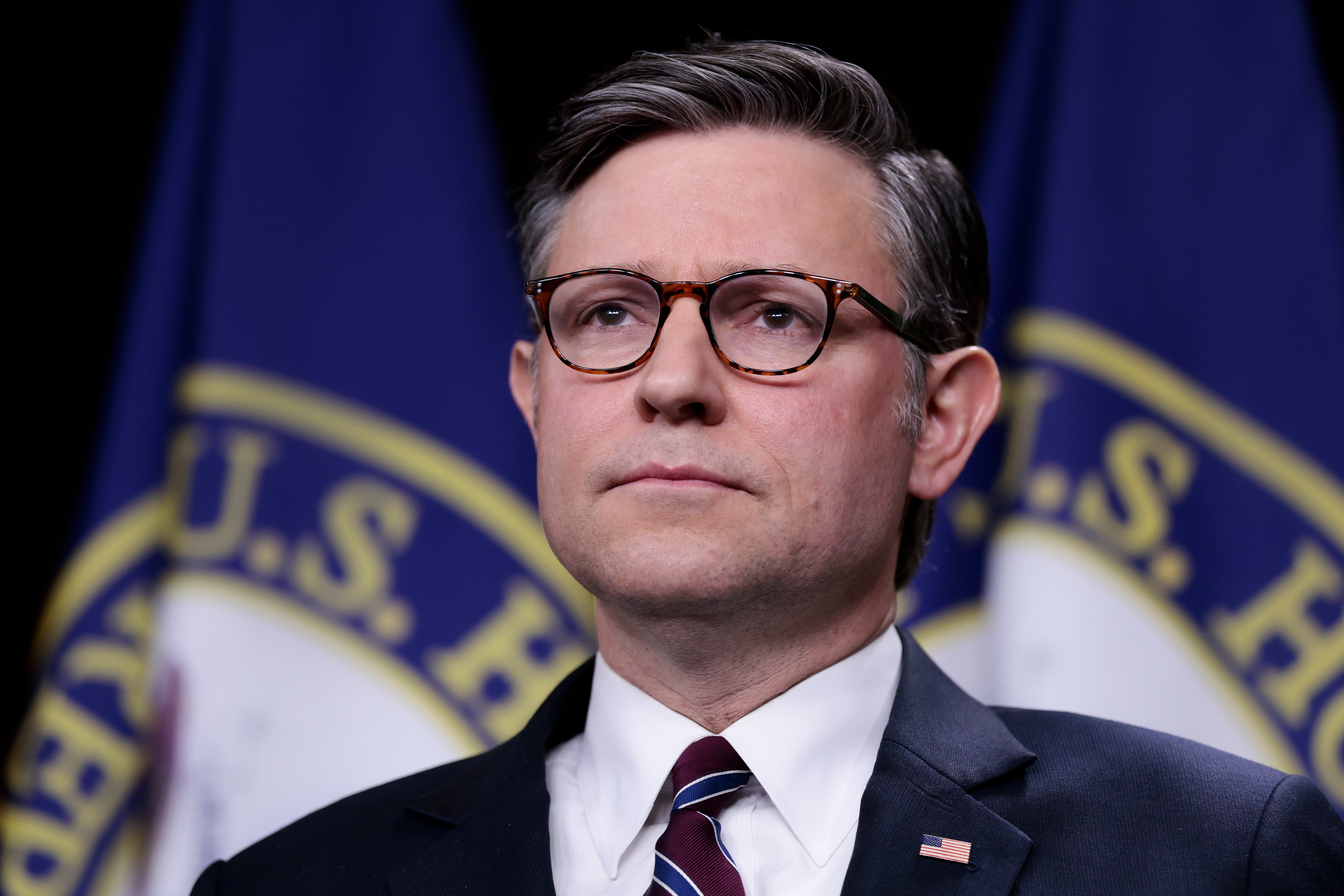 WASHINGTON, DC - JANUARY 07: Speaker of the House Mike Johnson (R-LA) said that he would reserve judgment about a supposed criminal probe into Federal Reserve Chairman Jerome Powell.