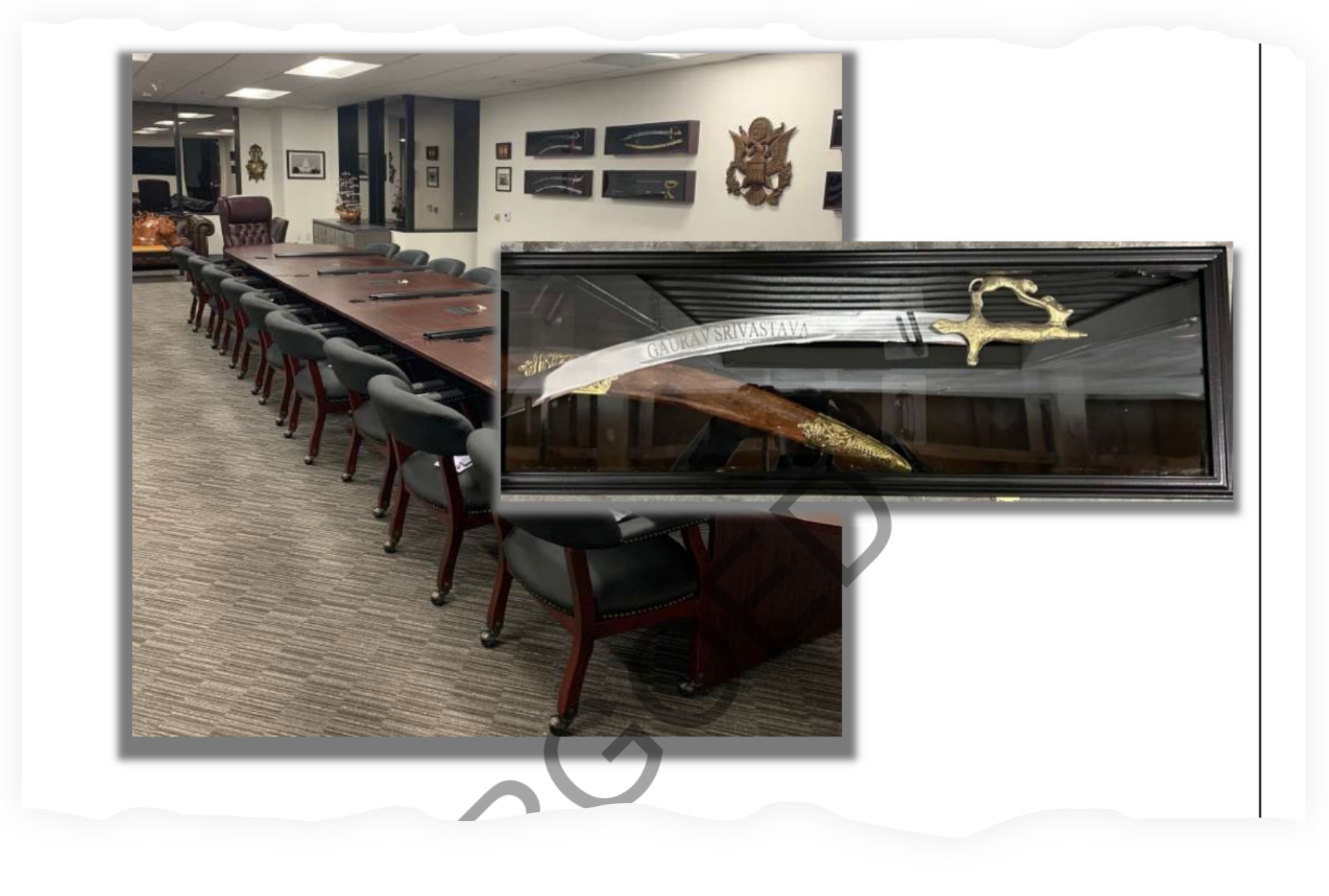 'Fake spy' Gaurav Srivastava set up Paramount's LA offices to look like a US government workspace, complete with personalized ceremonial swords he claimed had been gifted to him by foreign government officials but that he himself had in fact ordered and had engraved, court filings allege