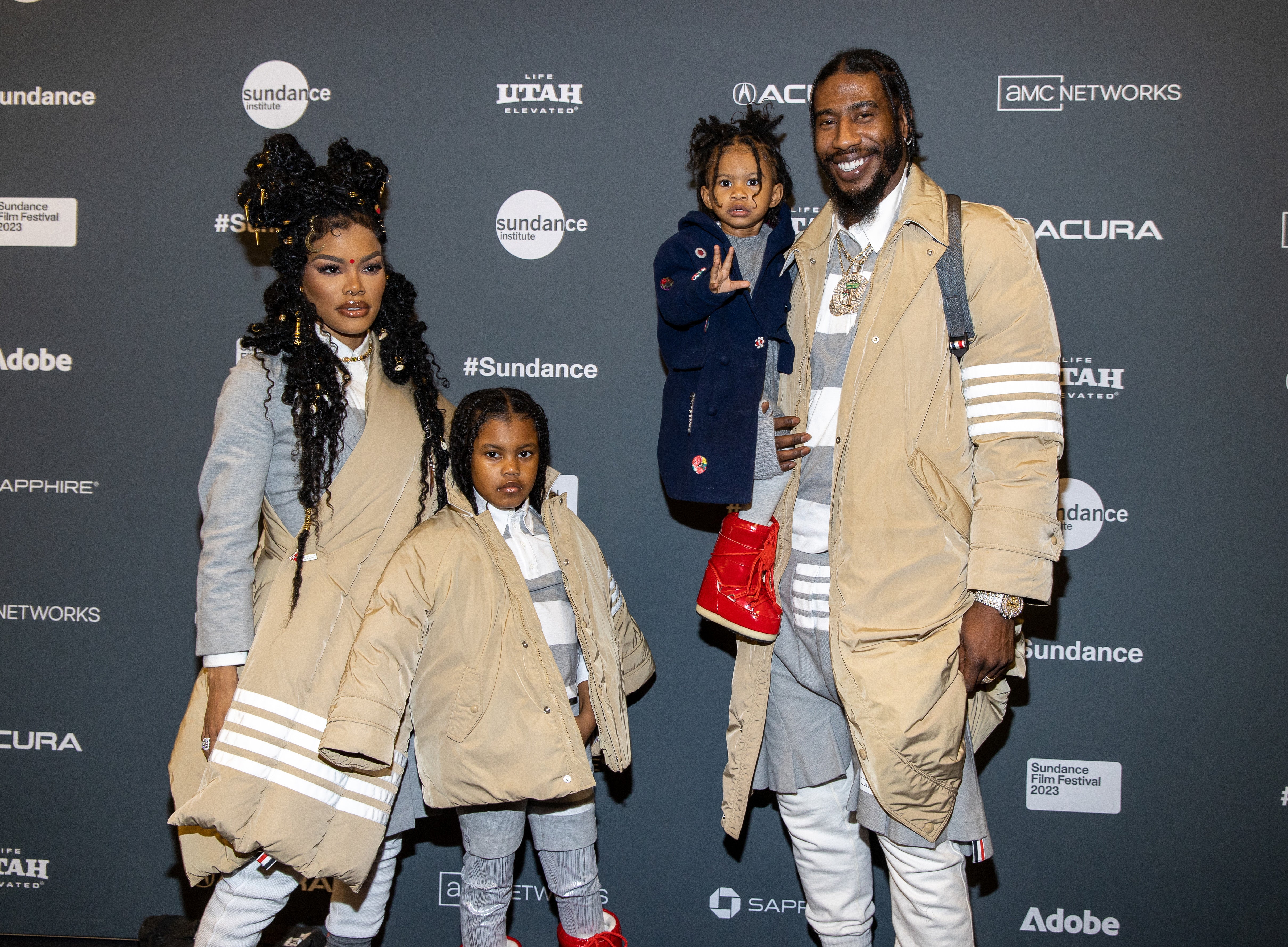 Teyana Taylor with her then-husband Iman Shumpert and their two daughters at the 2023 premiere of 'A Thousand And One'