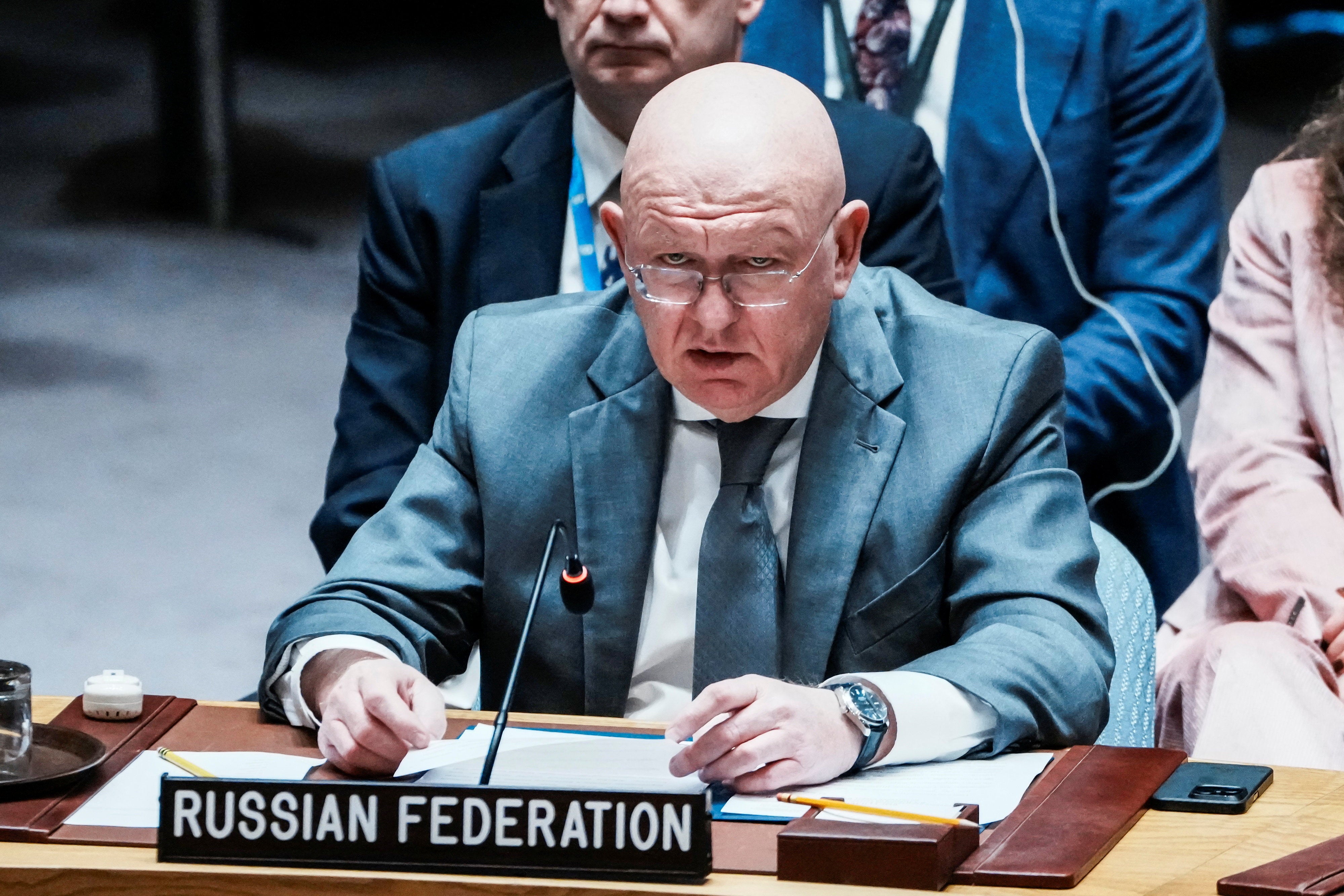 The Russia Federation's ambassador to the United Nations Vassily Nebenzia addresses a Security Council meeting at UN headquarters in New York City
