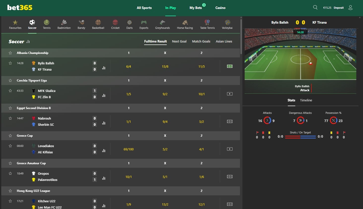 Bet365 have an excellent in-play football betting service with live stats, match graphics and live streaming on selected competitions.