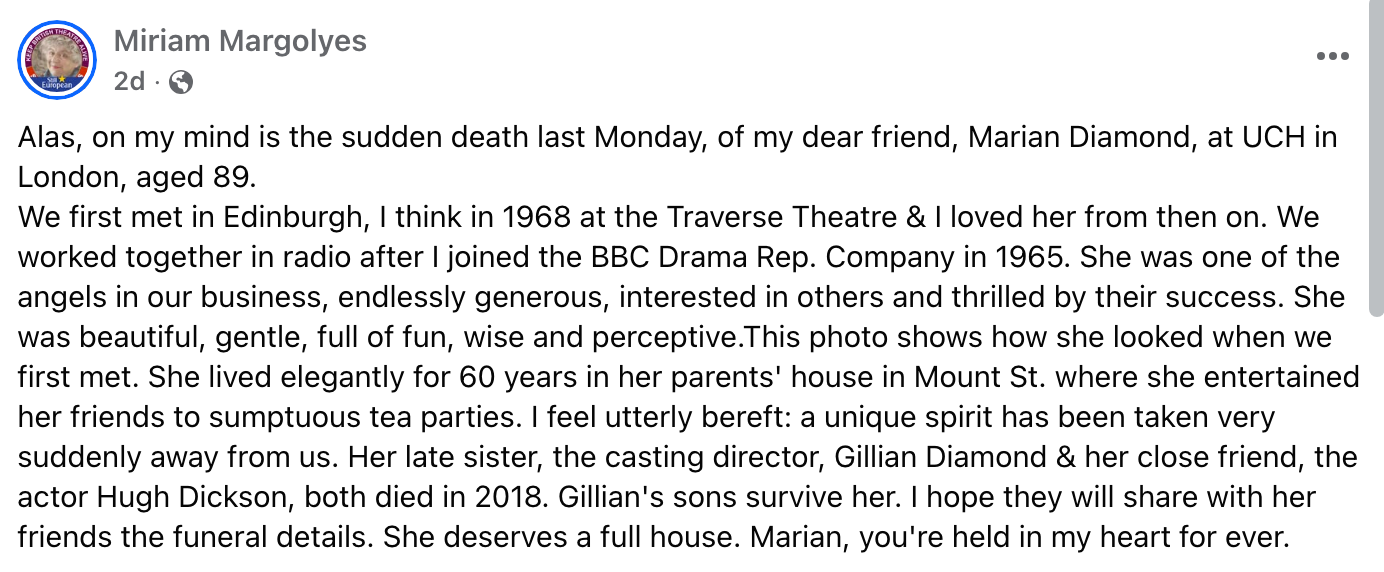Miriam Margolyes rende omaggio all'amica attrice Marian Diamond