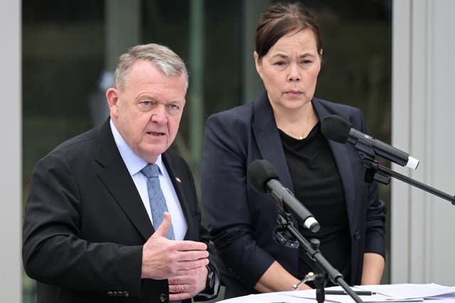 <p>(L/R) Danish Foreign Minister Lars Lokke Rasmussen and Greenland's Foreign Minister Vivian Motzfeldt speak during a news conference at the Danish Embassy in Washington</p>