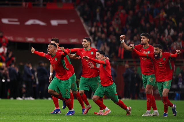 <p>Morocco players celebrate as they advance to the Africa Cup of Nations final against Senegal </p>
