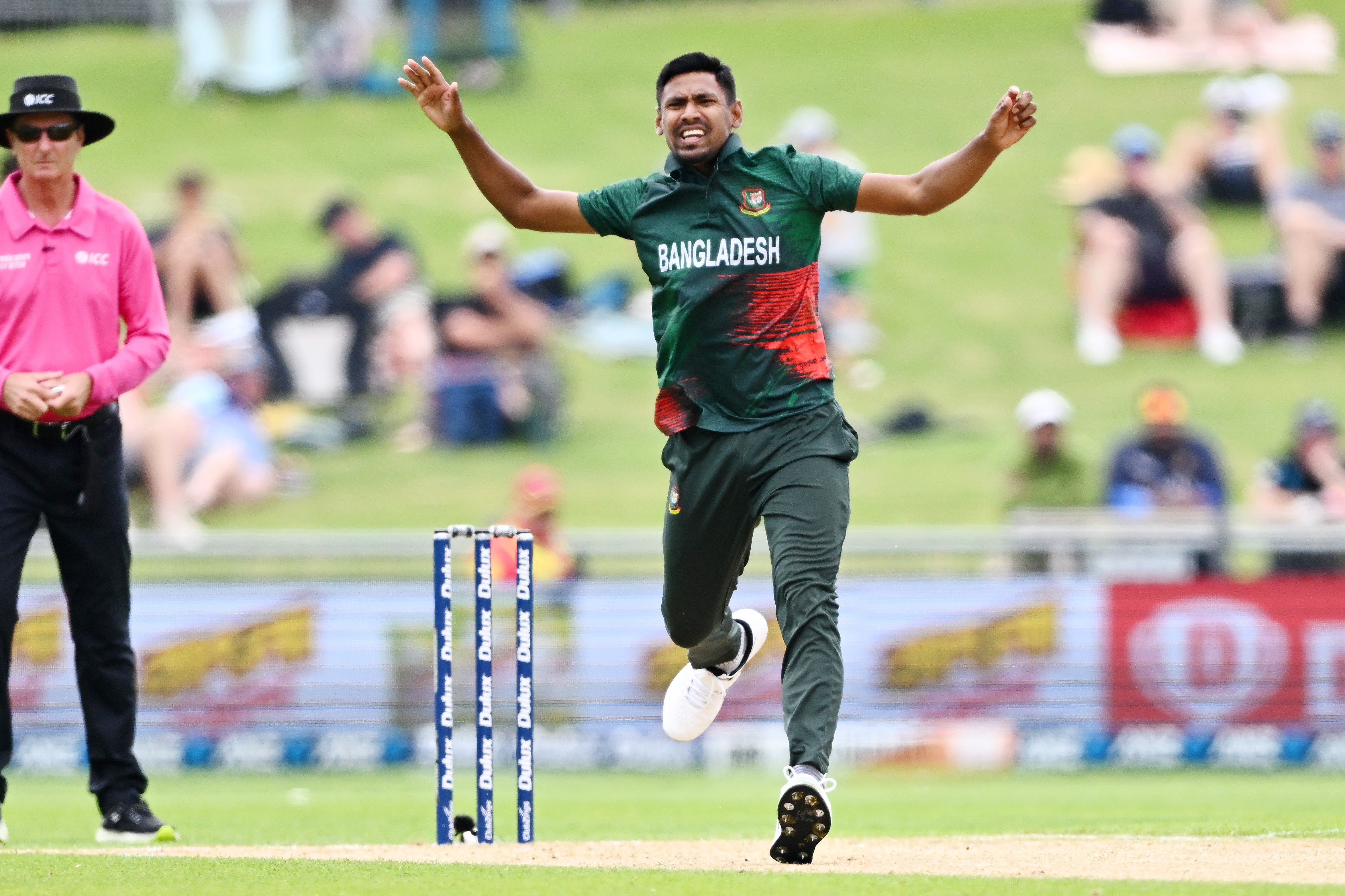 Mustafizur Rahman reacts during a match against New Zealand in 2023