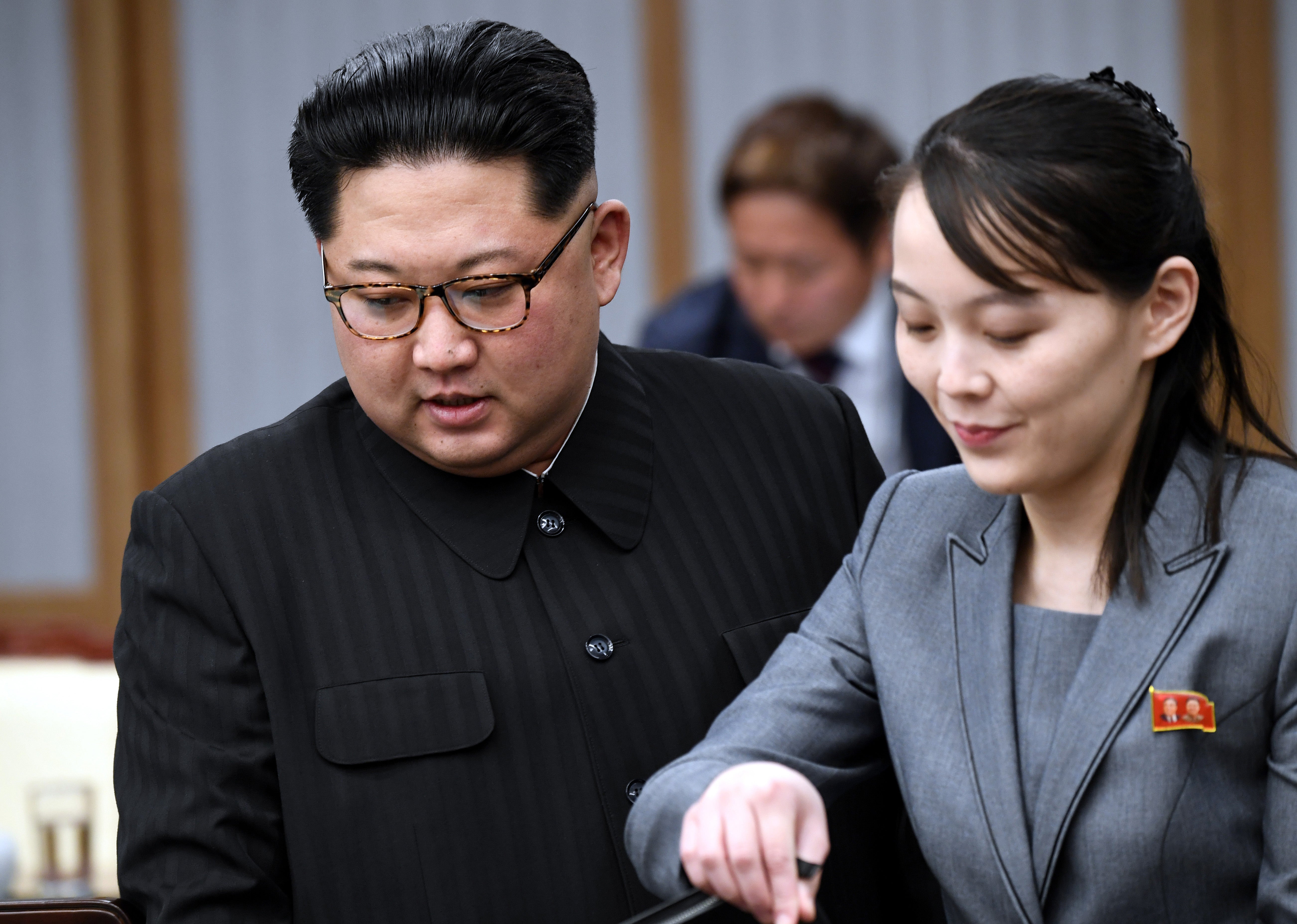 <p>File: North Korea leader Kim Jong Un (L) and sister Kim Yo Jong attend the Inter-Korean Summit at the Peace House on April 27, 2018 in Panmunjom, South Korea</p>