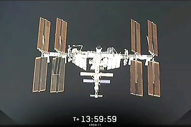 <p>La Estación Espacial Internacional es vista desde el SpaceX Dragon durante su aproximación transportando cuatro miembros de la Nasa SpaceX Crew-11</p>