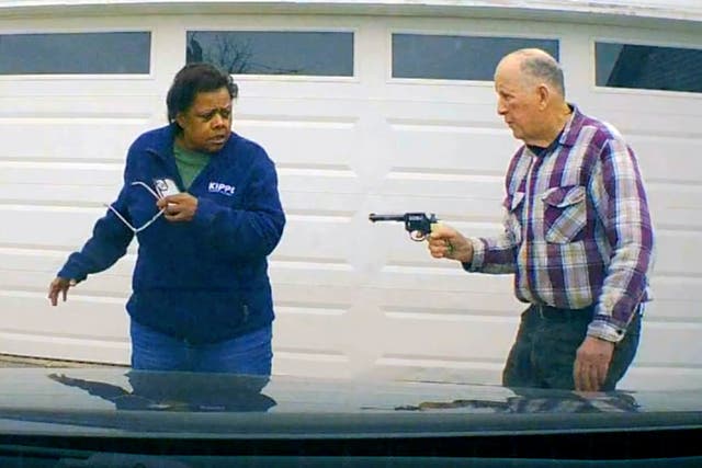 <p>In this image taken from Uber dashcam video released by the Clark County, Ohio, Sheriff's Office, William Brock, right, holds a weapon to Uber driver Loletha Hall outside his home in South Charleston, Ohio, on March 25, 2024. (Clark County Sheriff's Office via AP)</p>