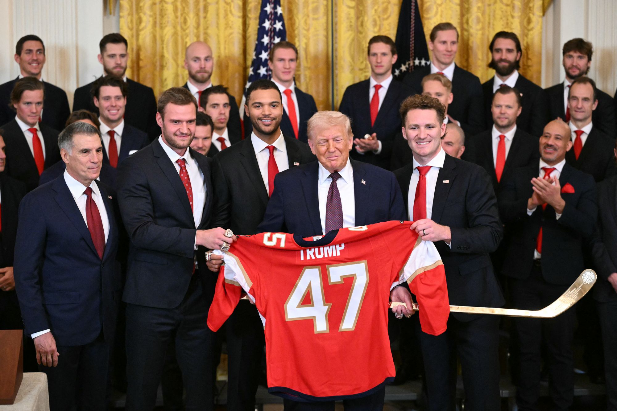 <p>President Donald Trump was gifted a red hockey jersey with the number 47 on it from the Florida Panthers</p>