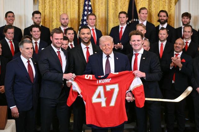 <p>President Donald Trump was gifted a red hockey jersey with the number 47 on it from the Florida Panthers</p>