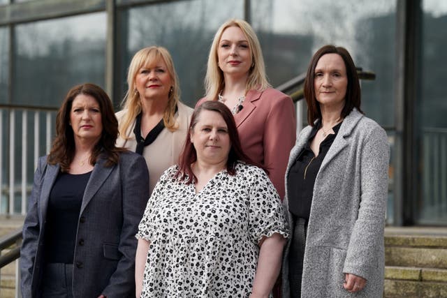 <p>Nurses from Darlington Memorial Hospital (left to right) Annice Grundy, Lisa Lockey, Karen Danson, Bethany Hutchison and Tracey Hooper, pose for a photo outside the Civil and Family Courts and Tribunals Centre in Newcastle</p>