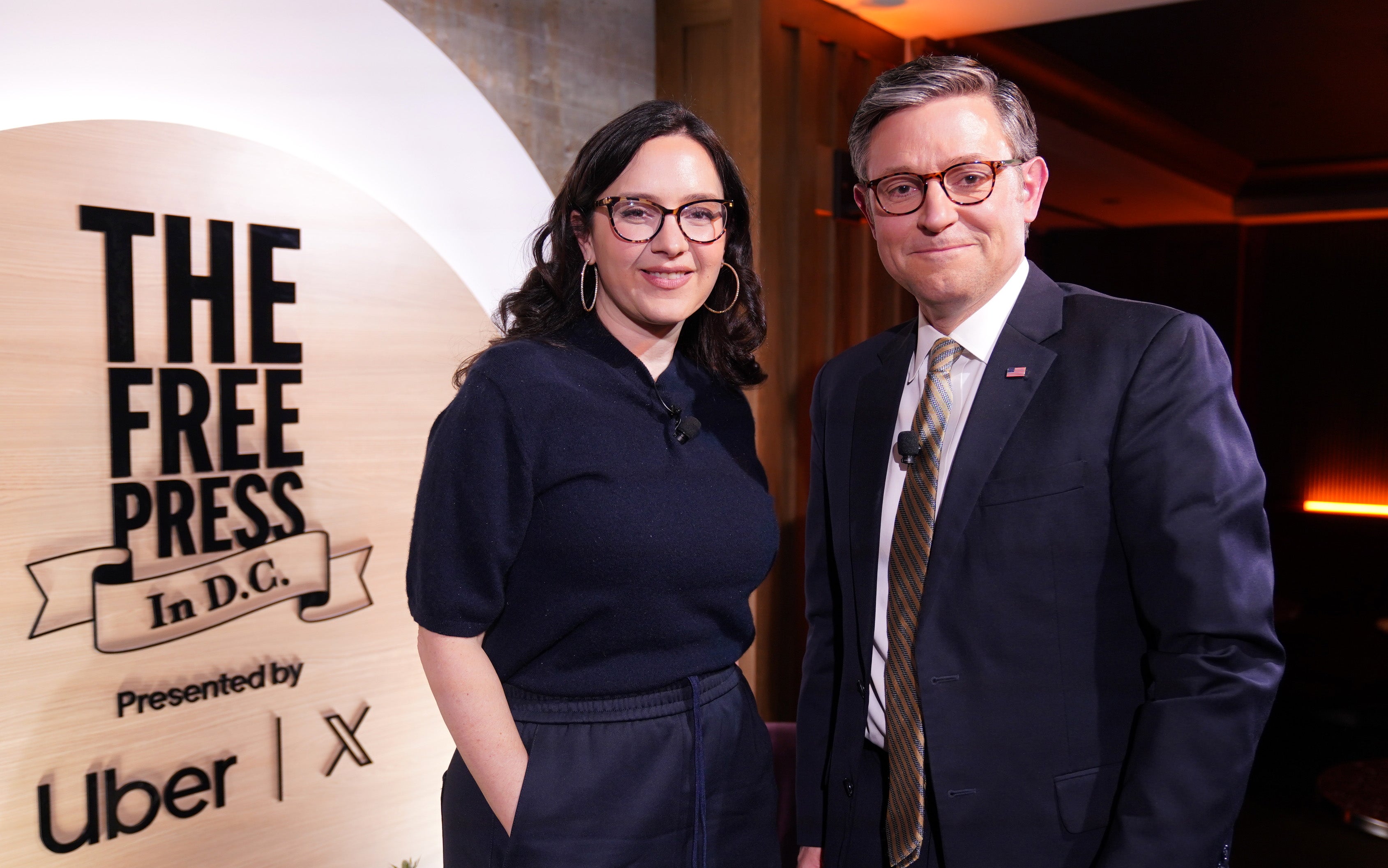 <p>Bari Weiss, seen here alongside House Speaker Mike Johnson, has announced that she is pausing her podcast for a few months.</p>