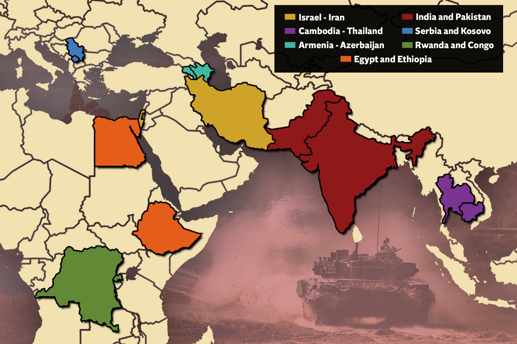 Seven of the conflicts are illustrated here – the eighth is between Israel and Hamas