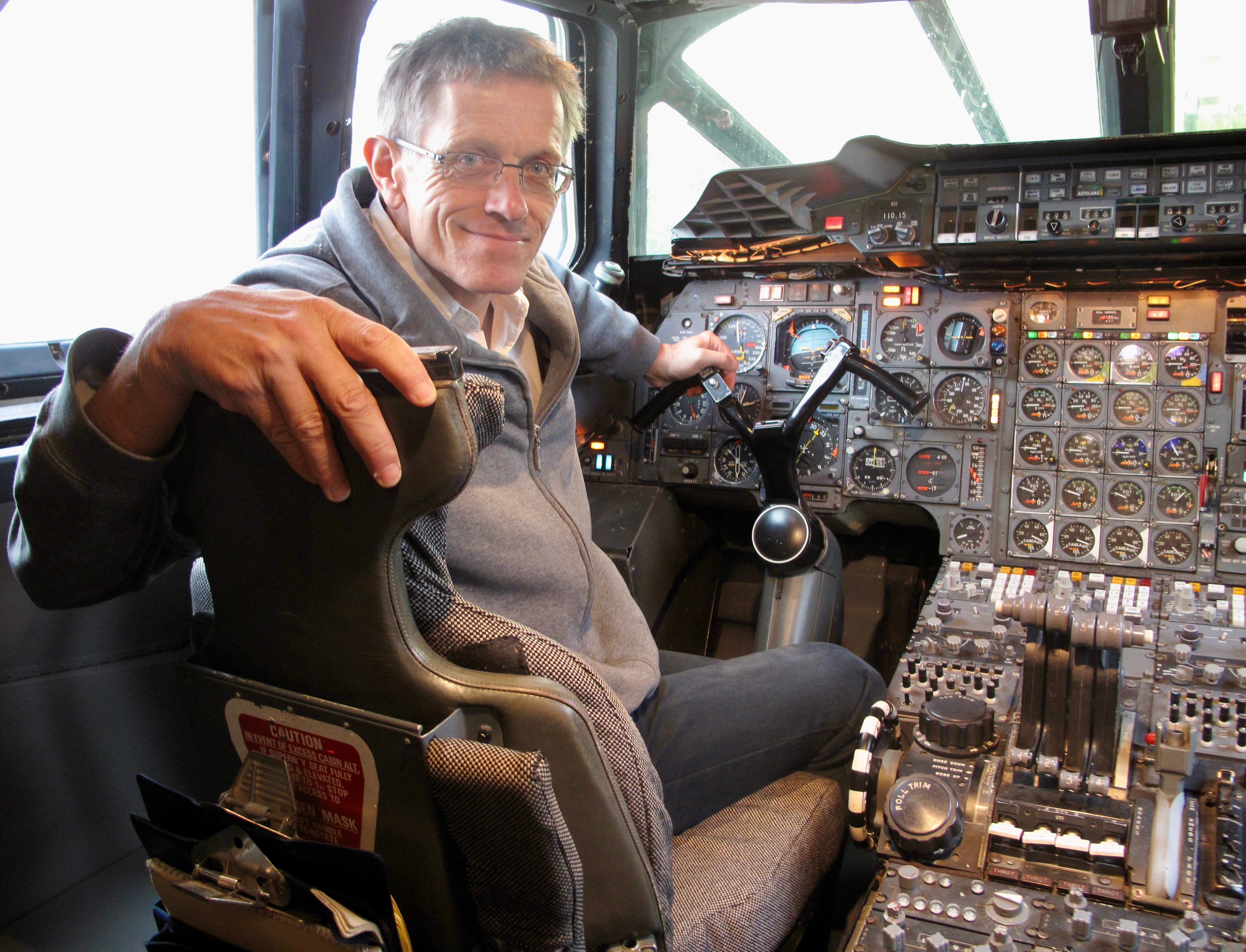 Simon Calder at the controls of a Concorde on show at Manchester airport
